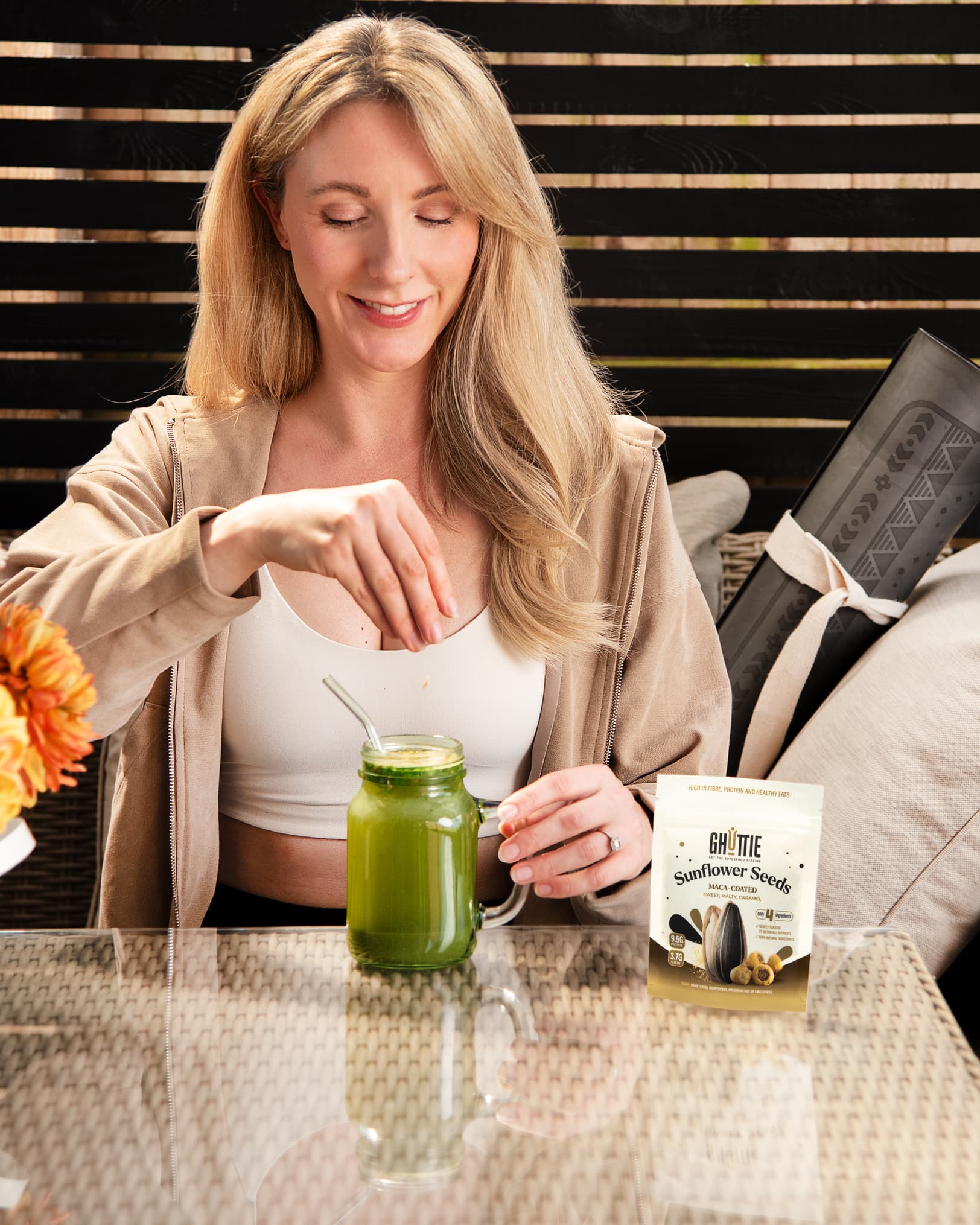 Lifestyle photo of Ghuttie Maca Sunflower Seeds in an everyday setting