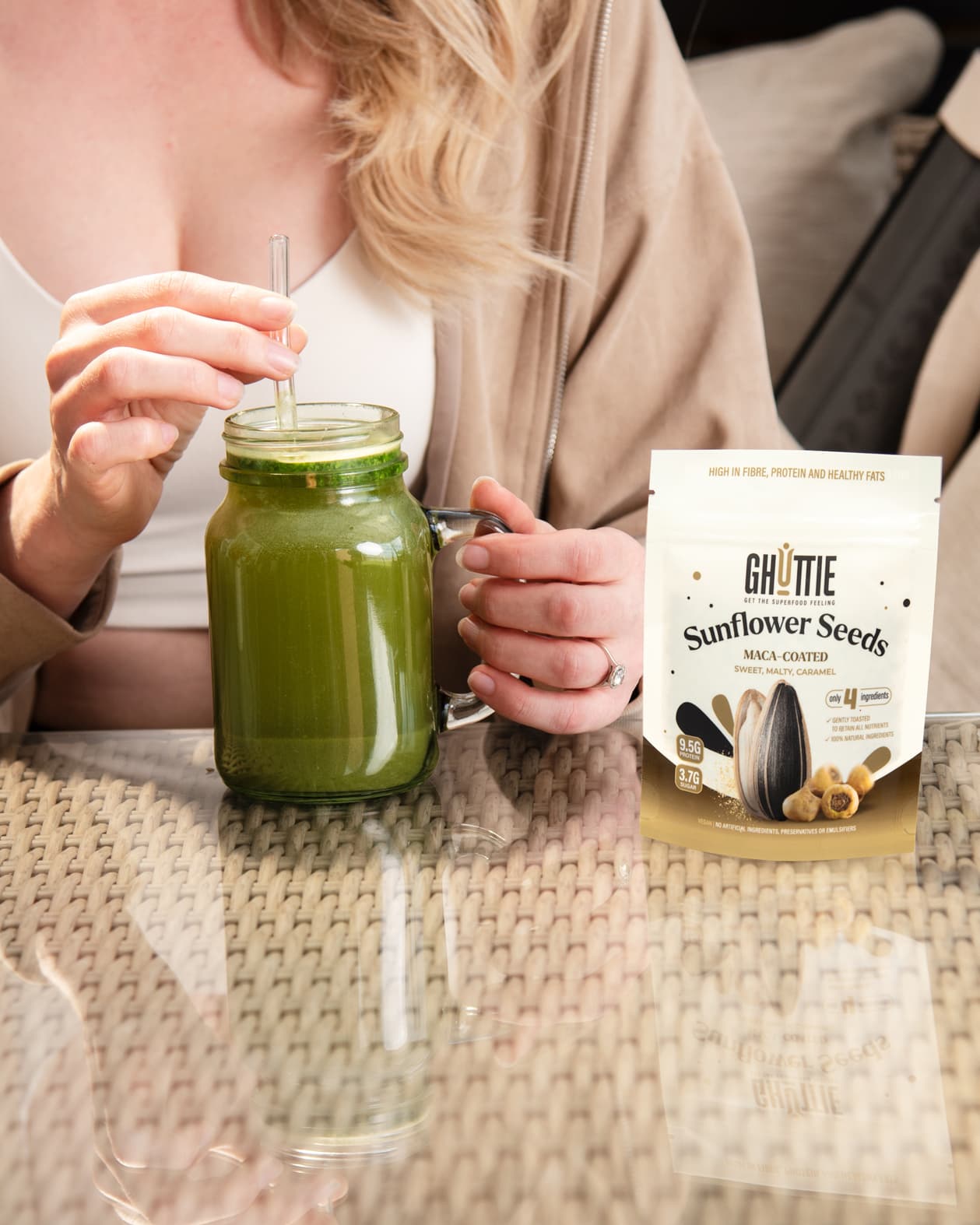 Lifestyle photo featuring Ghuttie Maca Sunflower Seeds as a wholesome snack