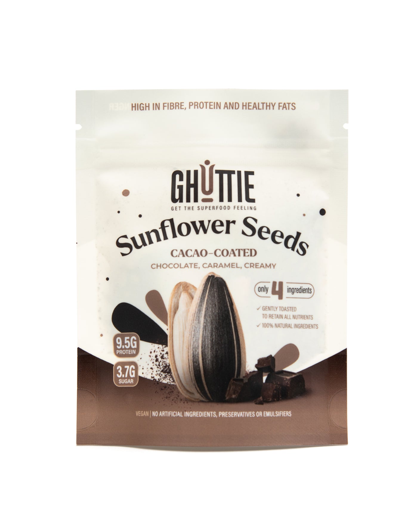 Ghuttie Cacao Sunflower Seeds pouch shown at an angle against a white background
