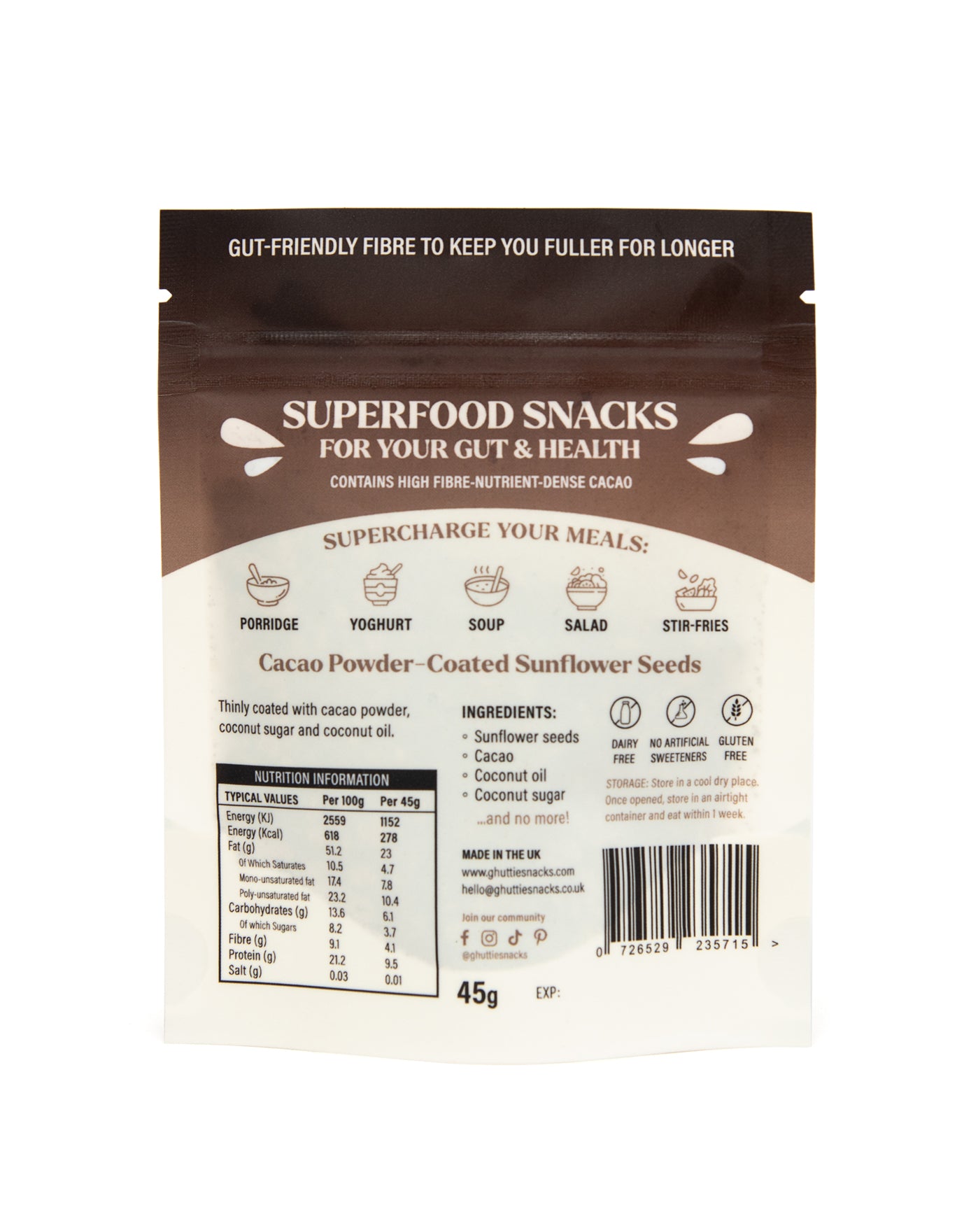 Lifestyle photo of Ghuttie Cacao Sunflower Seeds enjoyed as an everyday snack