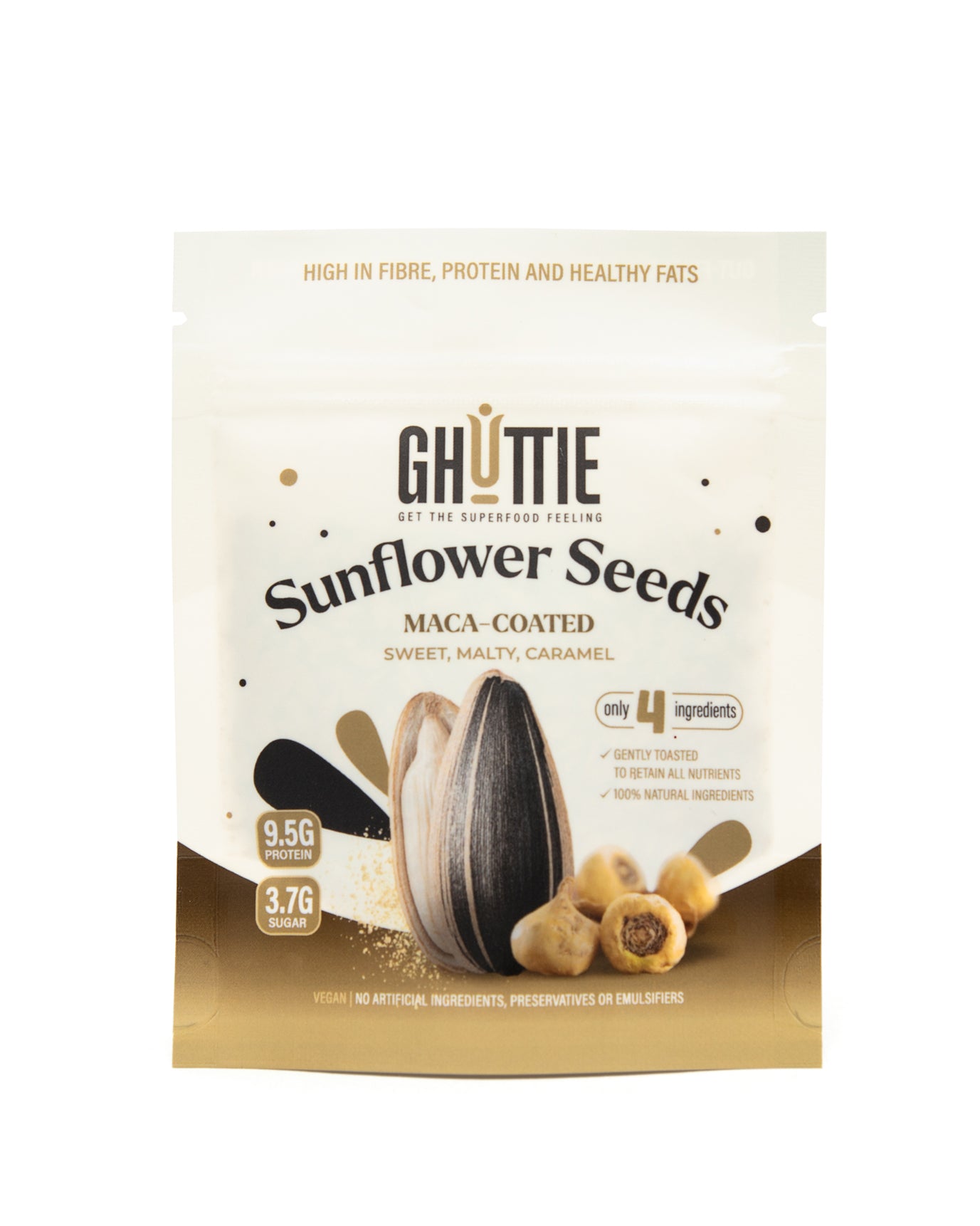 Ghuttie Maca Sunflower Seeds pouch shown at an angle against a white background