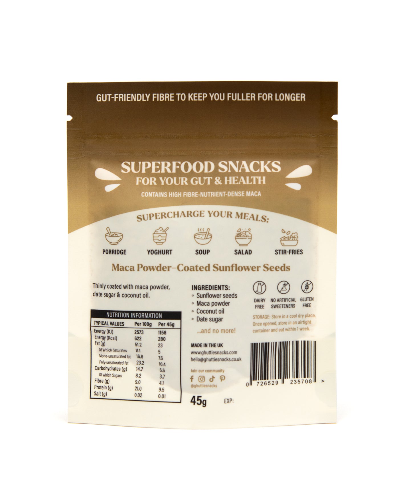 Ghuttie Maca Sunflower Seeds pouch close-up showing packaging details