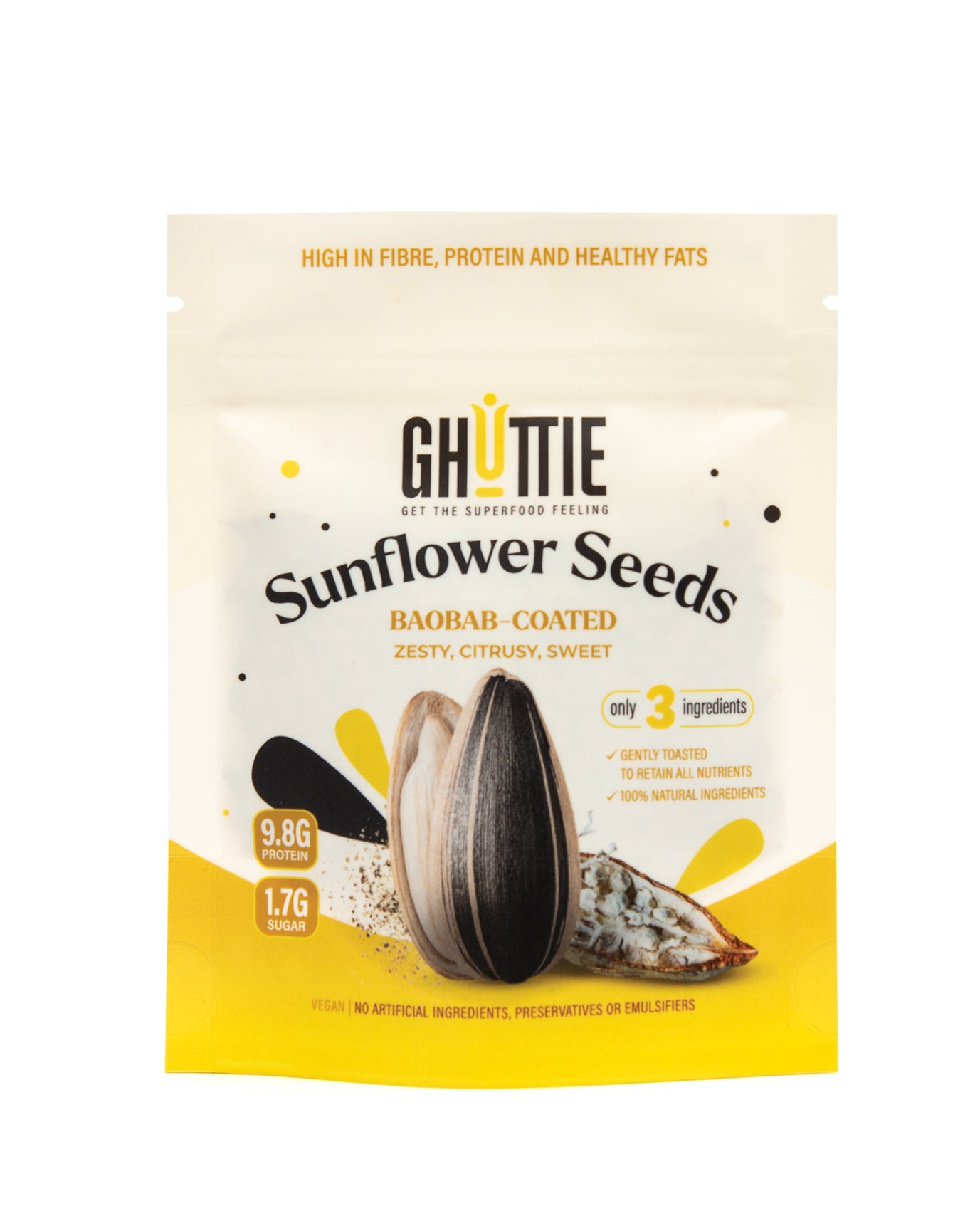 Ghuttie Baobab Sunflower Seeds pouch shown at an angle against a white background