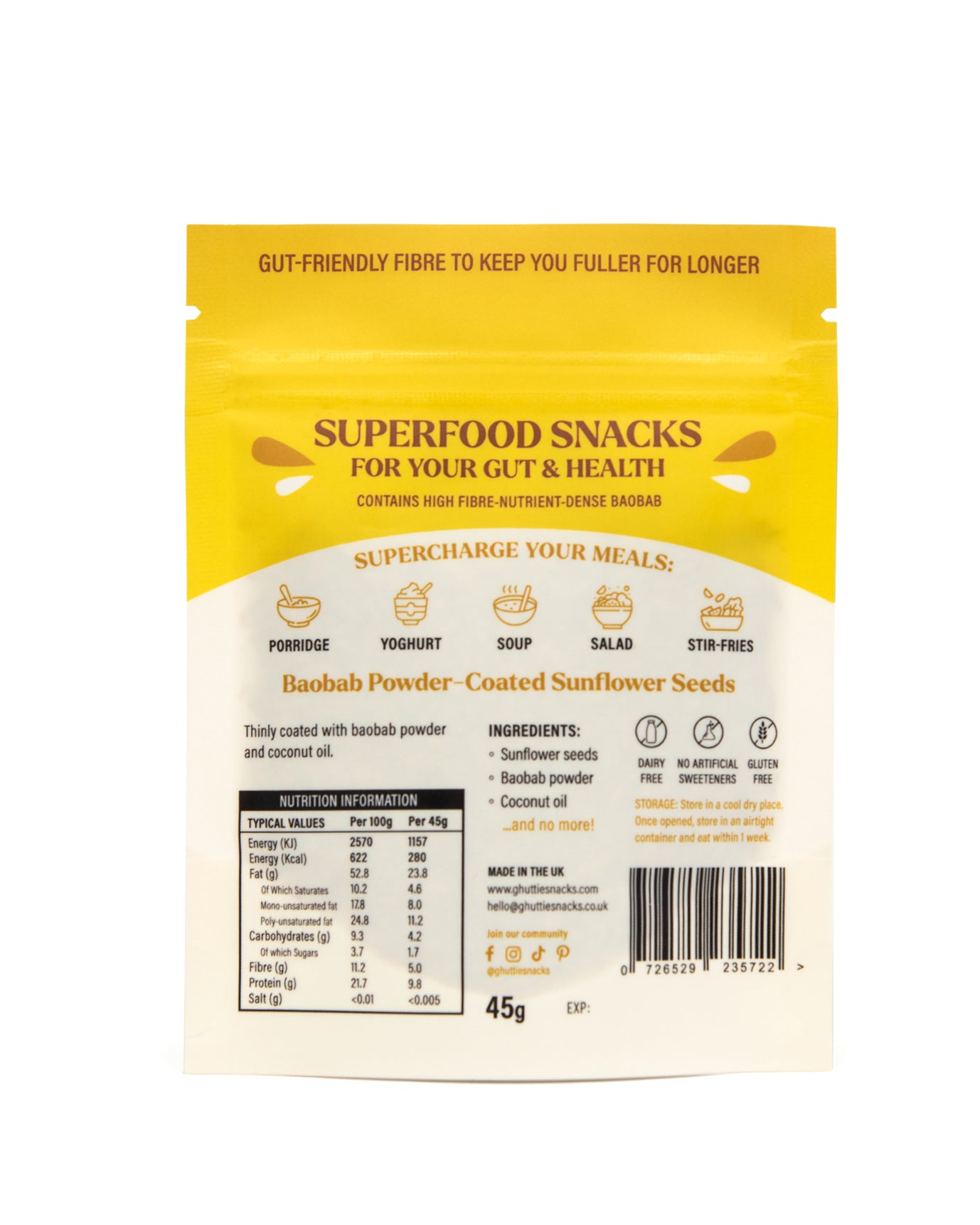Ghuttie Baobab Sunflower Seeds pouch close-up showing packaging details