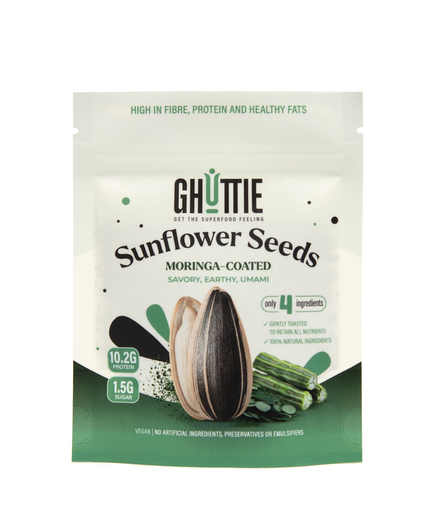 Ghuttie Moringa Sunflower Seeds pouch shown at an angle against a white background