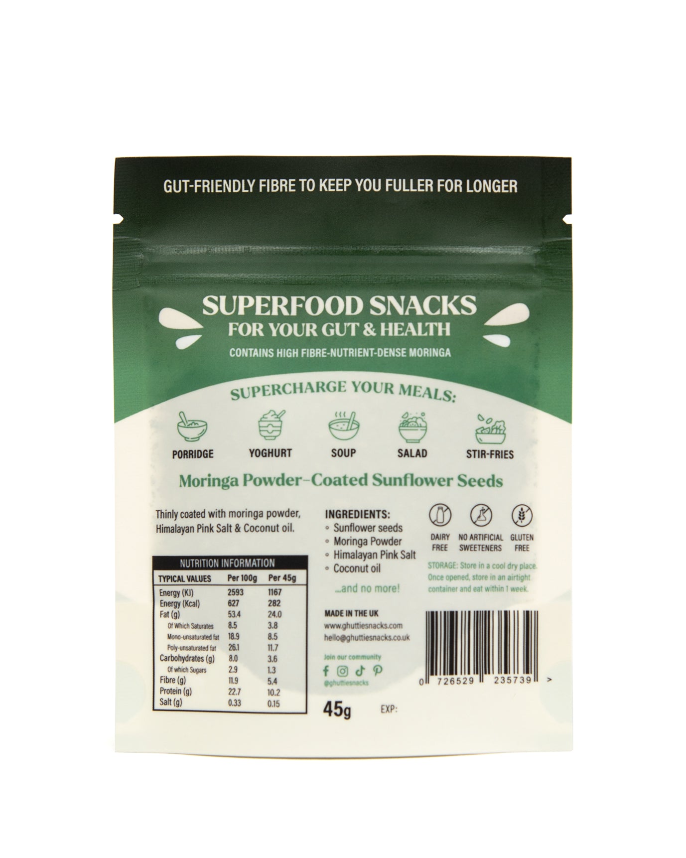 Ghuttie Moringa Sunflower Seeds pouch close-up showing packaging details