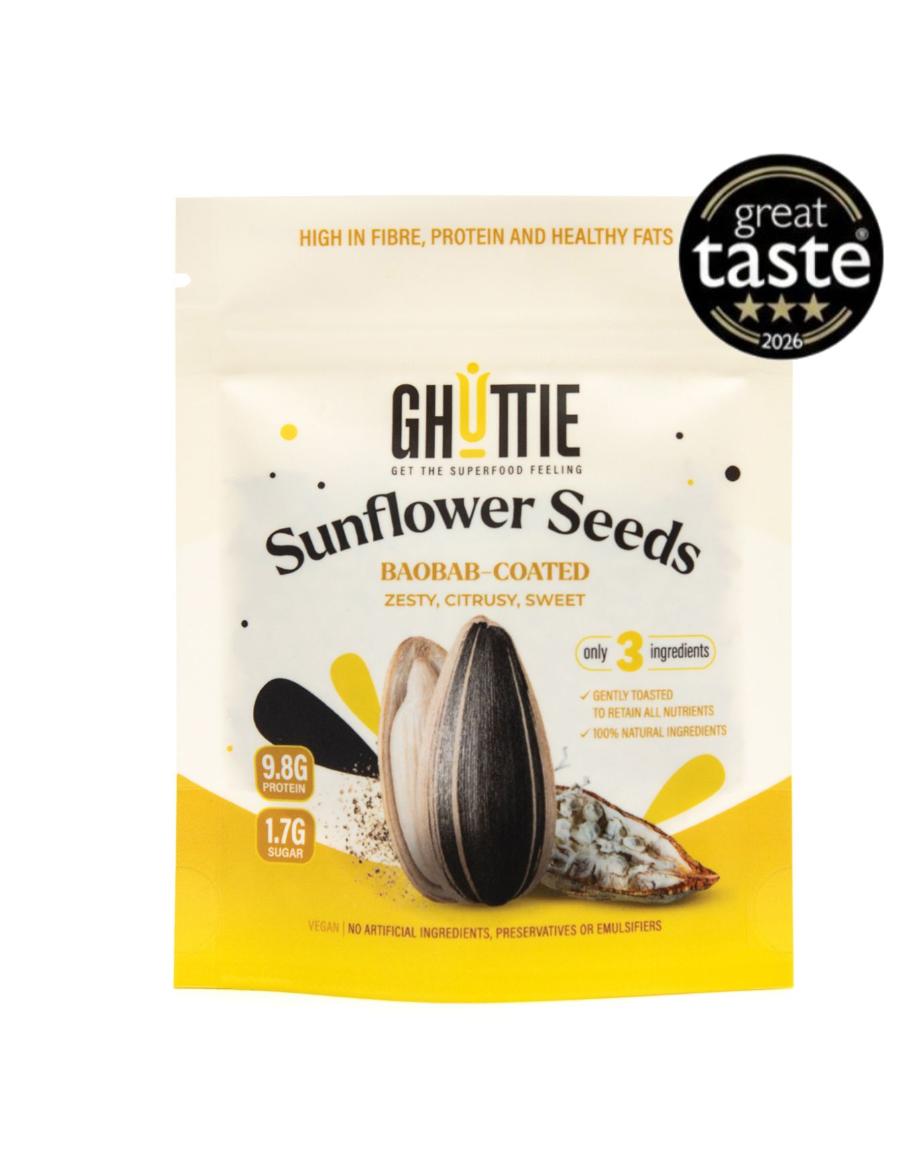 A package of Ghuttie Sunflower Seeds, baobab-coated, with a black 'great taste 2026' award badge overlay in the top right corner. The packaging is cream and yellow with illustrations of whole and halved sunflower seeds.