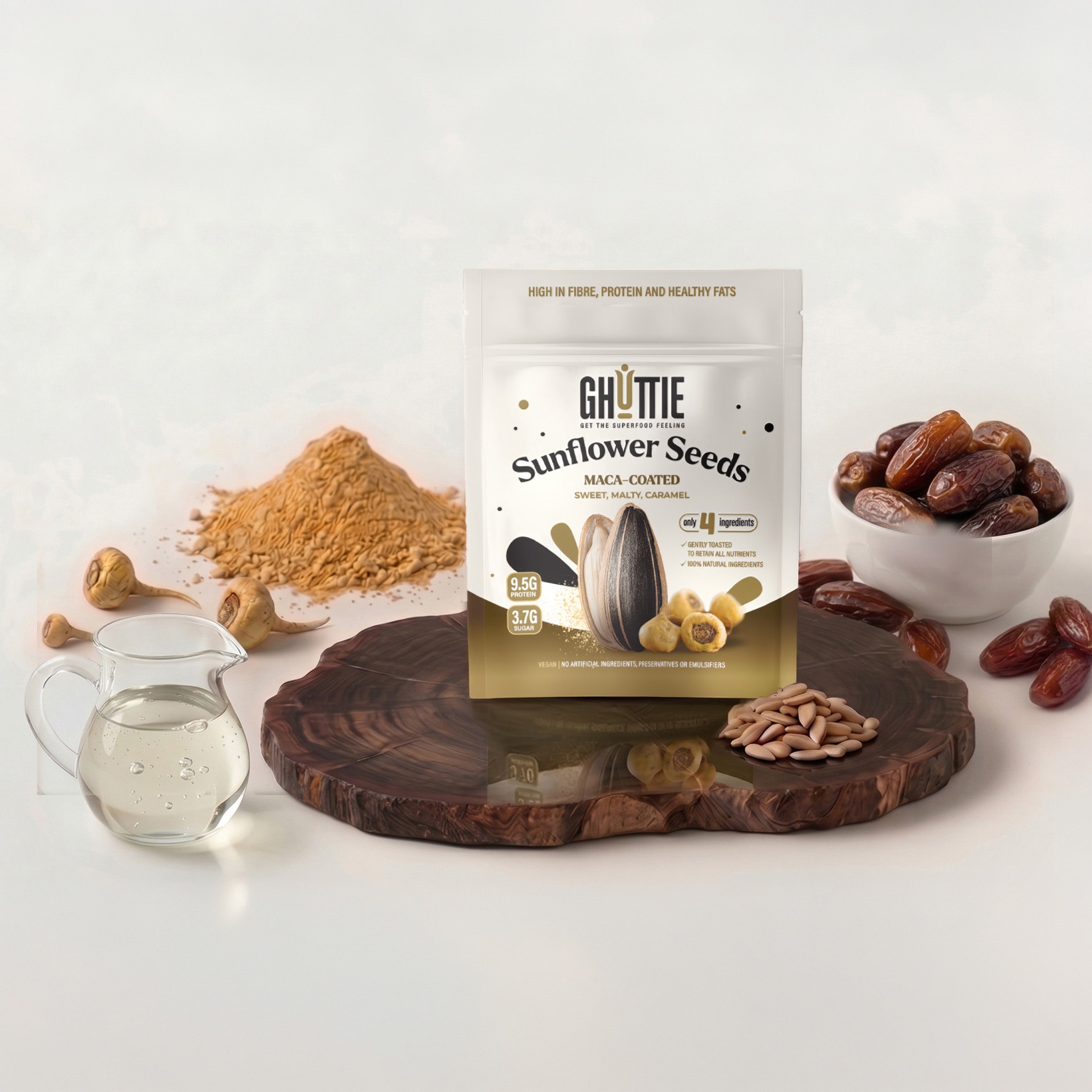 Ghuttie Maca Sunflower Seeds pouch packaging on a white background