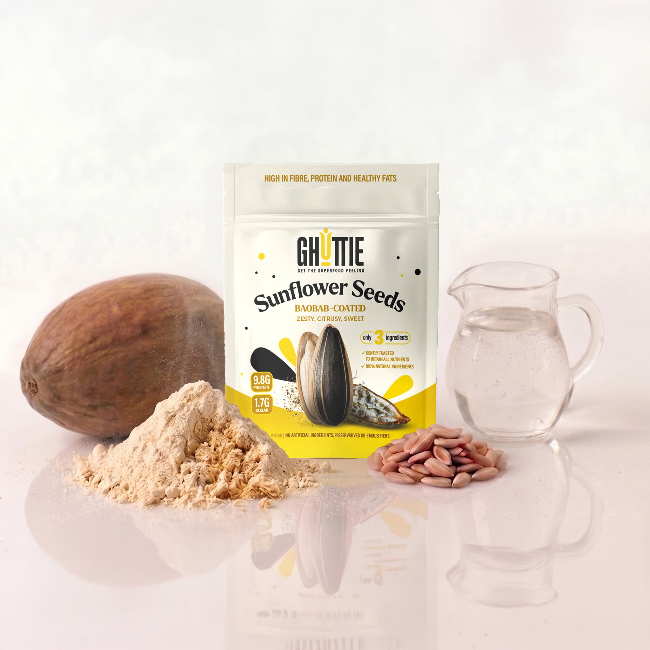 Ghuttie Baobab Sunflower Seeds pouch packaging on a white background