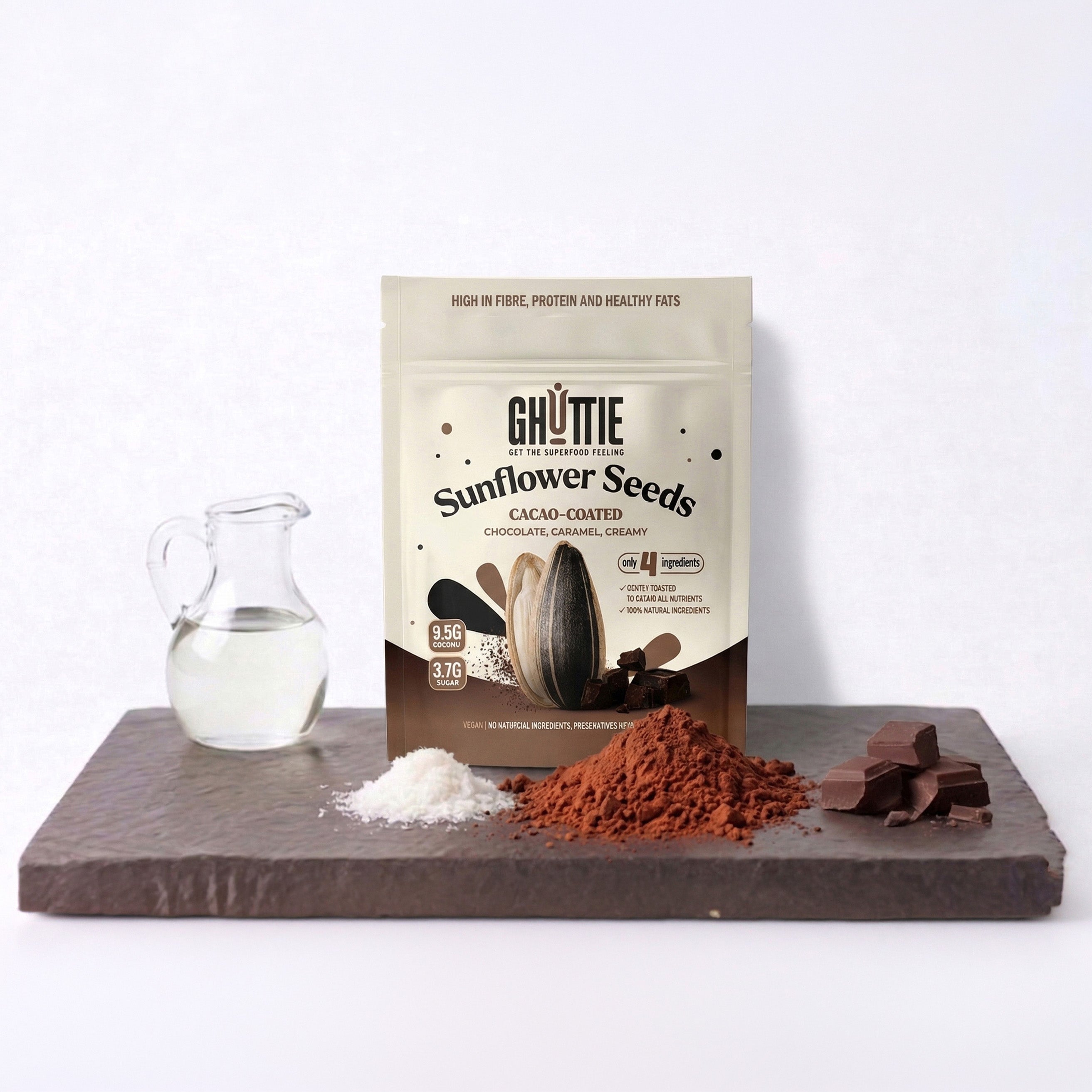 Ghuttie Cacao Sunflower Seeds pouch packaging on a white background