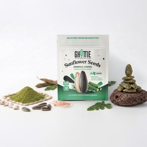 Ghutie Sunflower Seeds packaging with sunflower seeds and powder on a white background
