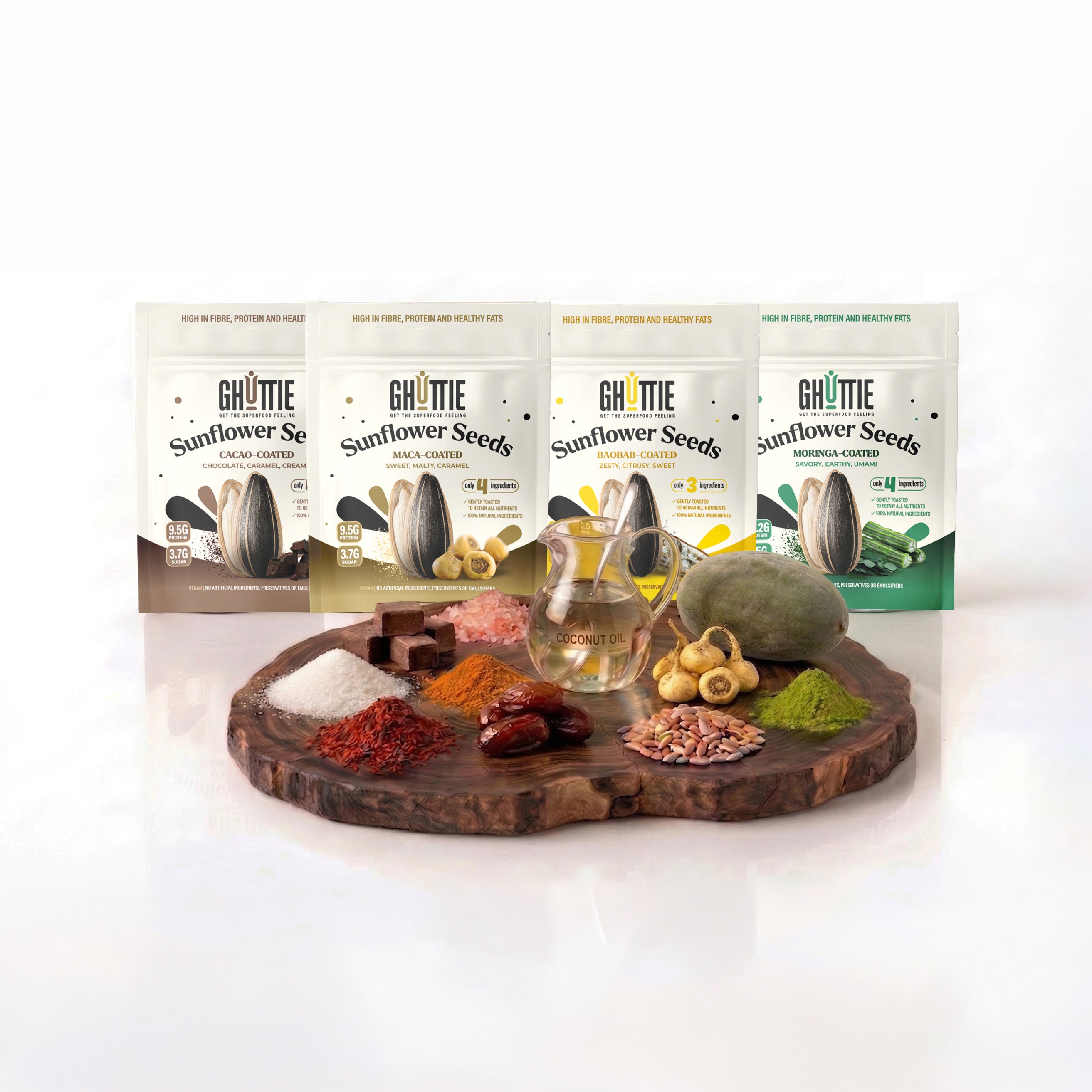 Ghuttie Variety Pack packaging showing an assortment of flavored sunflower seed pouches on a white background